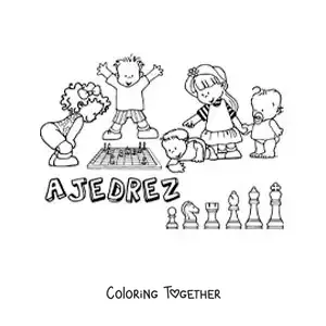 Coloring page of children playing chess and the word chess