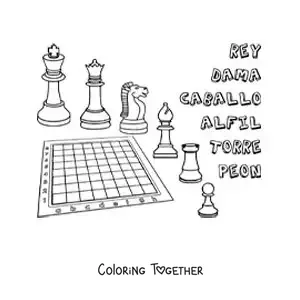 Coloring page of a chess board and pieces with their names