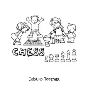 Coloring page of children playing chess and the word chess in English