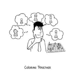 Coloring page of a cartoon of a man playing chess