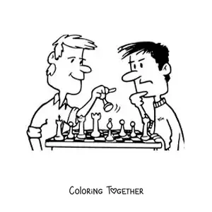Coloring page of a cartoon of two men playing chess