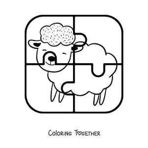 Coloring page of a cut-out 4-piece puzzle of a cartoon sheep