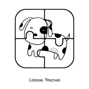 Coloring page of a cut-out 4-piece puzzle of a cartoon dog