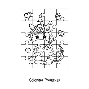 Coloring page of a cut-out puzzle of a cartoon unicorn