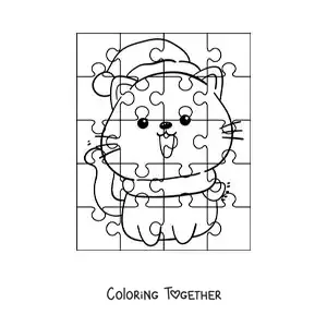 Coloring page of a Christmas puzzle of a cartoon cat with a hat