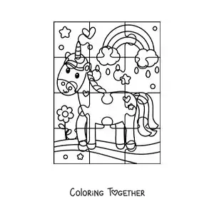 Coloring page of a cut-out puzzle of a cartoon unicorn with a rainbow