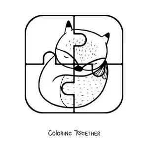 Coloring page of a cut-out 4-piece puzzle of a cartoon fox
