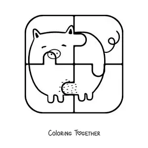 Coloring page of a cut-out 4-piece puzzle of a cartoon pig