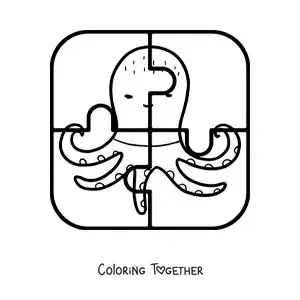 Coloring page of a cut-out 4-piece puzzle of a cartoon octopus