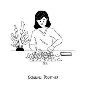 Coloring page of a girl putting together a puzzle