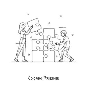 Coloring page of kids putting together a puzzle