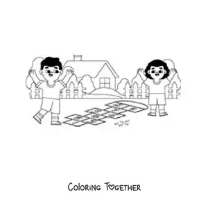 Coloring page of kids playing hopscotch