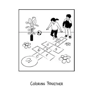 Coloring page of kids playing hopscotch