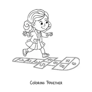 Coloring page of a girl playing hopscotch