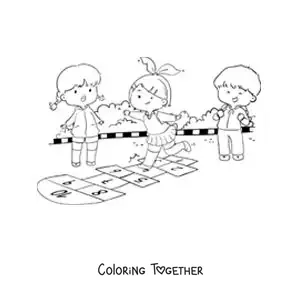 Coloring page of kids jumping in the traditional game of hopscotch