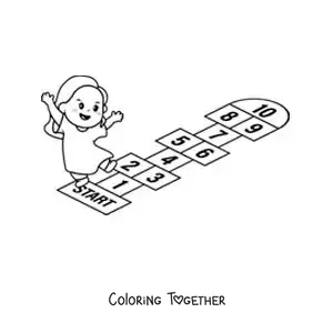 Coloring page of a cartoon girl playing hopscotch