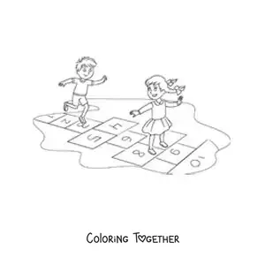 Coloring page of two kids jumping in the traditional game of hopscotch