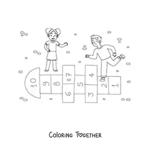 Coloring page of kids playing the traditional game of hopscotch