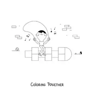 Coloring page of a kid jumping rope while playing hopscotch