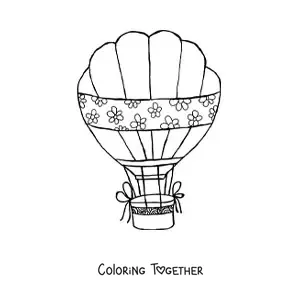 Coloring page of a hot air balloon decorated with flowers