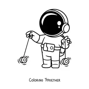 Coloring page of an animated astronaut playing with two yo-yos