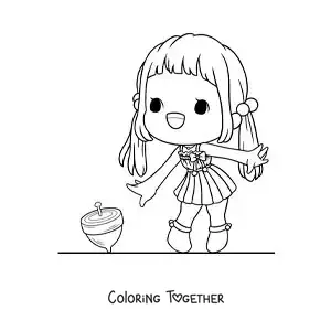 Coloring page of a girl playing with a spinning top