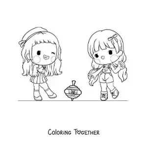 Coloring page of girls playing with a spinning top