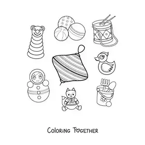 Coloring page of a spinning top and other traditional toys