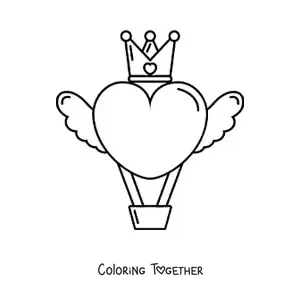 Coloring page of a winged heart-shaped hot air balloon