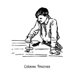 Coloring page of a boy playing with a spinning top