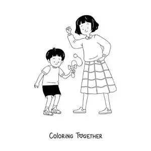 Coloring page of a Japanese boy playing with a kendama with his mom