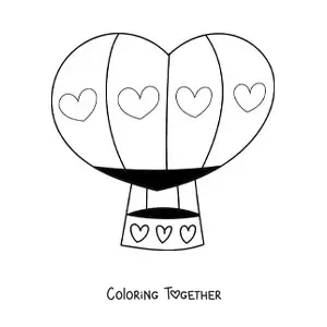 Coloring page of a hot air balloon with a hearts design