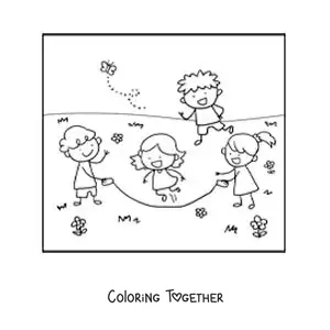 Coloring page of children jumping rope in a park
