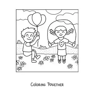 Coloring page of a girl jumping rope in a park