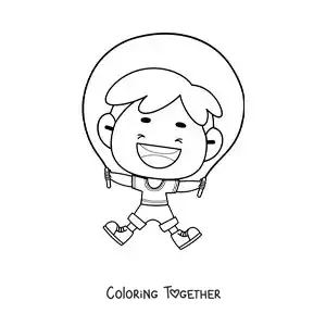 Coloring page of an animated boy jumping rope