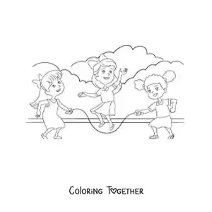 Coloring page of children jumping rope in a park