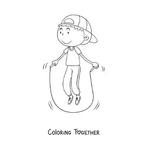 Coloring page of an animated boy jumping rope