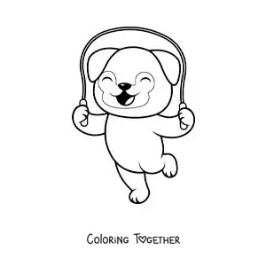 Coloring page of an animated dog jumping rope