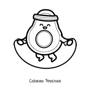 Coloring page of an animated kawaii avocado jumping rope