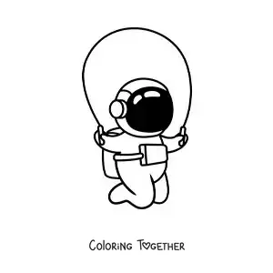 Coloring page of an animated astronaut jumping rope