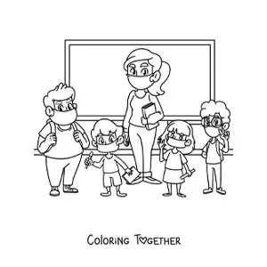 Coloring page of a teacher with her students wearing face masks