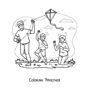 Coloring page of children flying a kite with their dad in the park