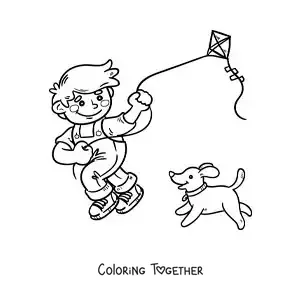 Coloring page of a boy flying a kite with his dog