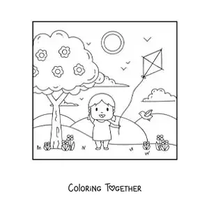 Coloring page of a girl flying a kite in the park