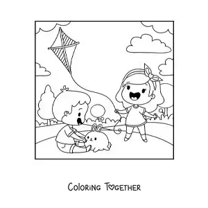 Coloring page of animated girls flying a kite in the park