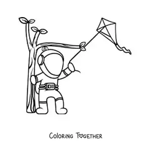 Coloring page of an astronaut flying a kite in the park