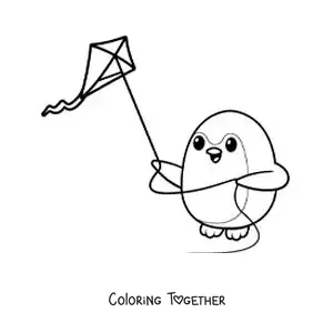 Coloring page of an animated penguin flying a kite
