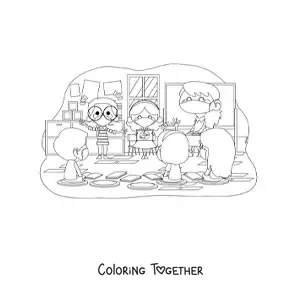 Coloring page of a teacher and students in a classroom wearing face masks