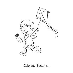 Coloring page of a boy flying a kite