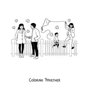 Coloring page of a boy flying a kite with his mom in the park